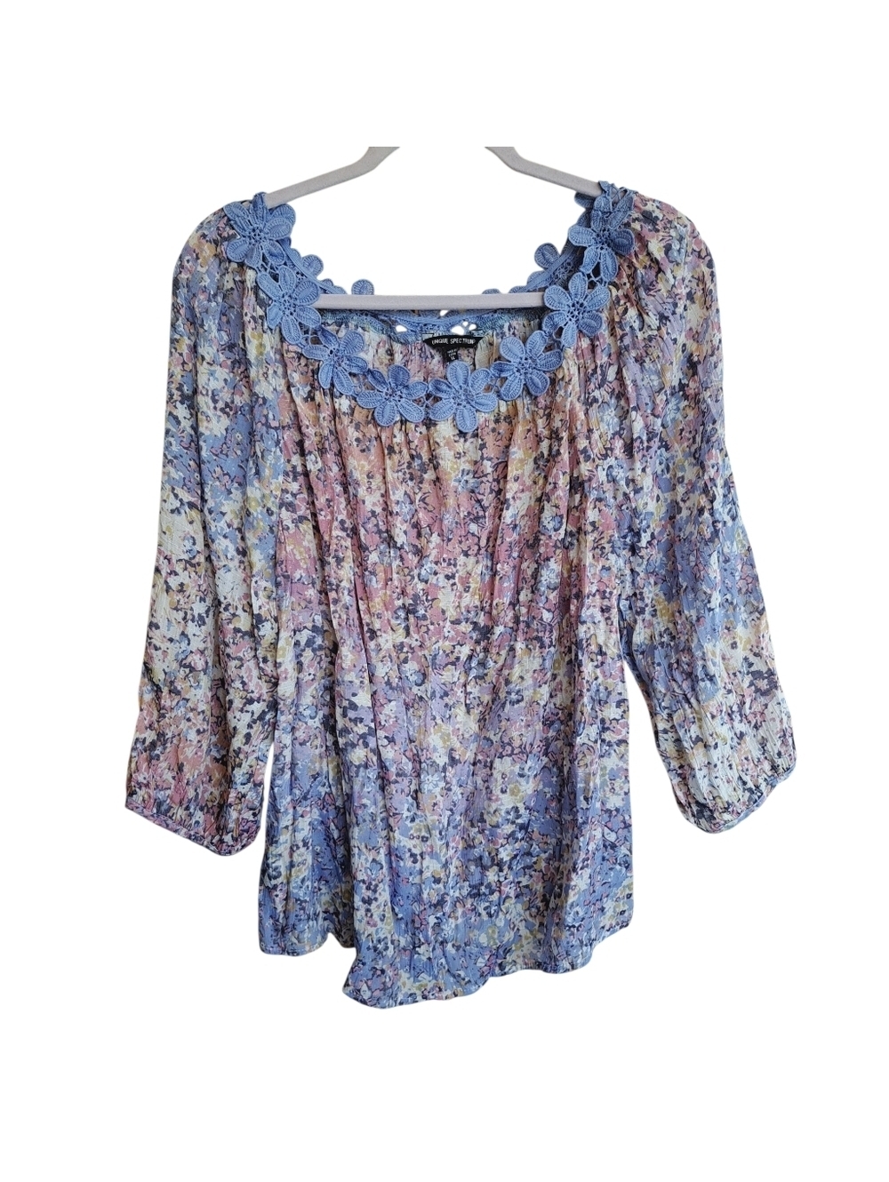 Unique Spectrum Pastel Floral Lace Trim Neck 3/4 Sleeve Top Plus Size XL Boho